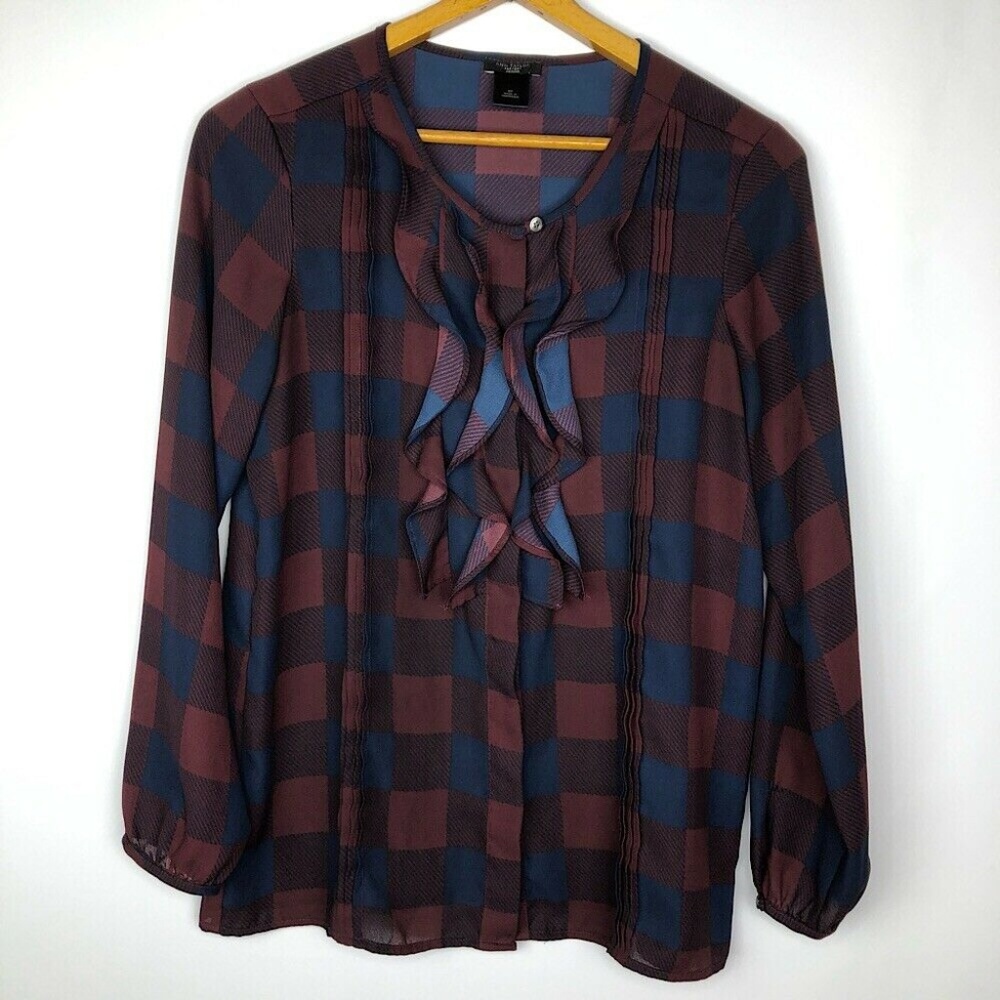 🌲 Ann Taylor Plaid Check Ruffle Button Blouse Top